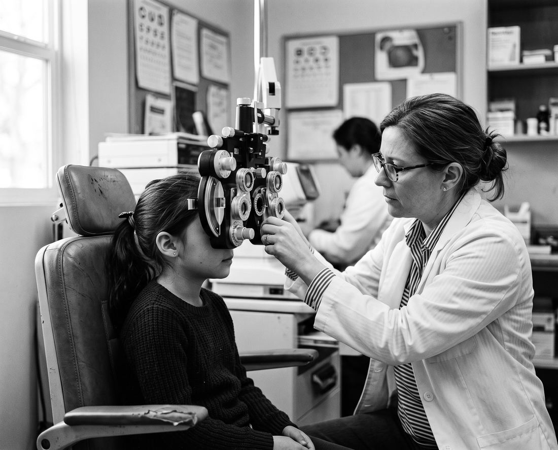 A young girl calm and focused during an eye exam at a community clinic