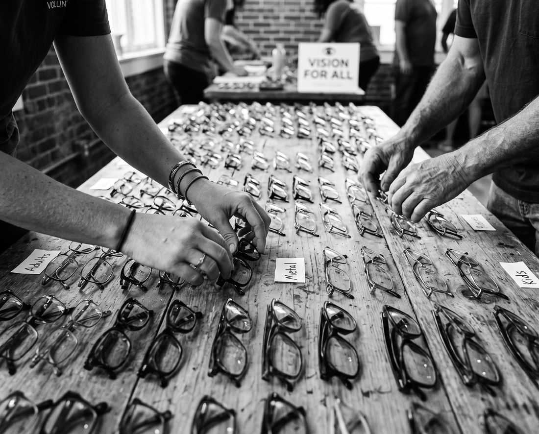Hands sorting dozens of donated eyeglass frames arranged on a wooden table