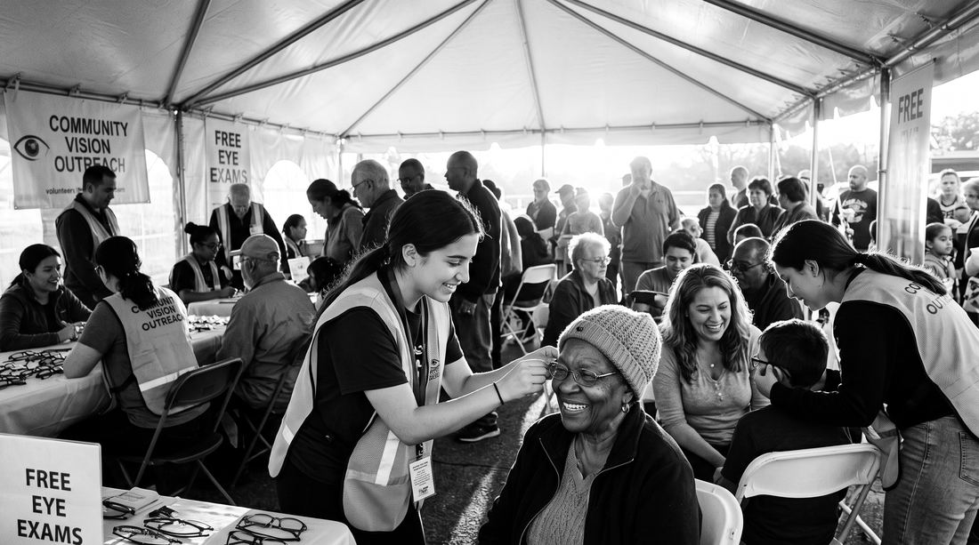 Volunteers fitting eyeglasses on neighbors of all ages under a white tent at golden hour