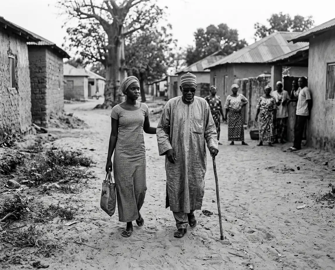 Concept illustration of a young Gambian woman guiding an elderly blind man by the arm down a sandy village path as neighbors watch from their doorways — not a photograph from The Gambia
