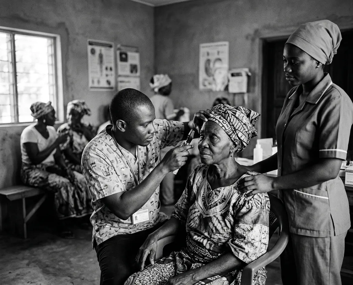 Concept illustration of a Gambian eye-health worker examining an elderly woman's eyes as a nurse steadies her shoulder, with other patients waiting in the clinic room behind — not a photograph from The Gambia