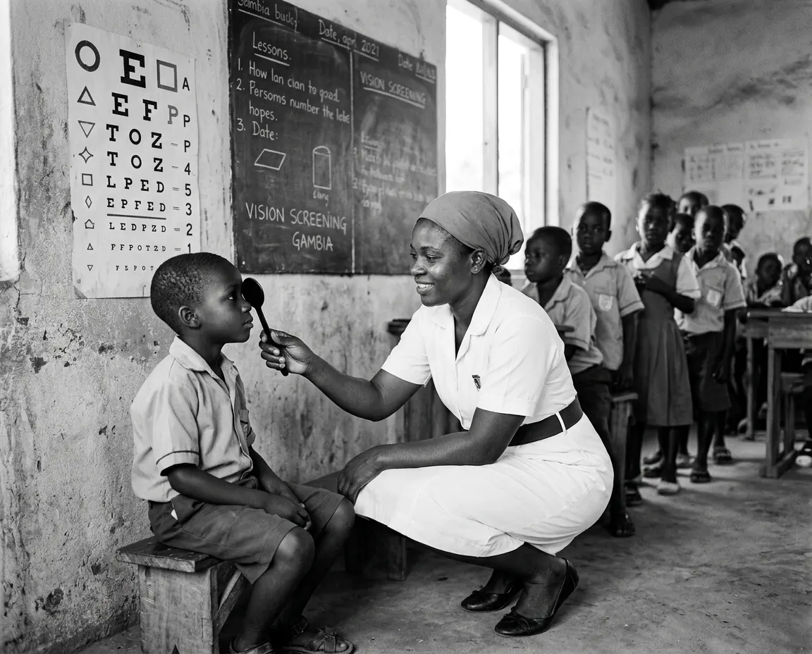Concept illustration of a Gambian nurse screening a schoolboy's vision in a classroom while his classmates wait in line — not a photograph from The Gambia