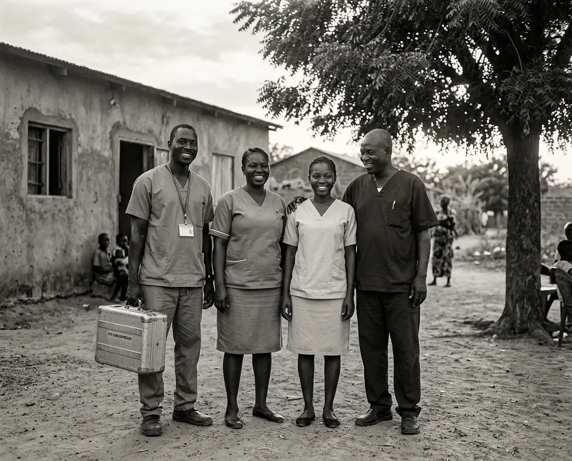 Concept illustration of four Gambian eye-care professionals standing together after an outreach day, one holding an equipment case — not a photograph from The Gambia